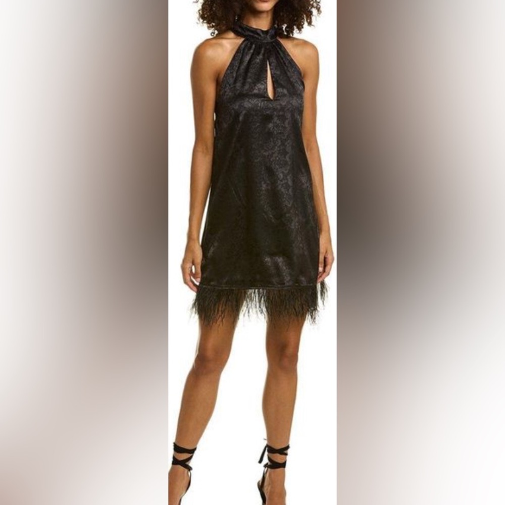 Black satin halter  little black satin dress  with feathered hem